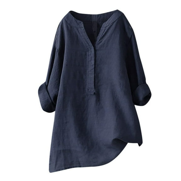 Endives Womens Cotton Linen Shirts Solid 3/4 Sleeve Summer Vacation Tunic Tops Long Sleeve Shirts Oversized Tshirts Casual V Neck Blouses Long Sleeve Shirts for Women
