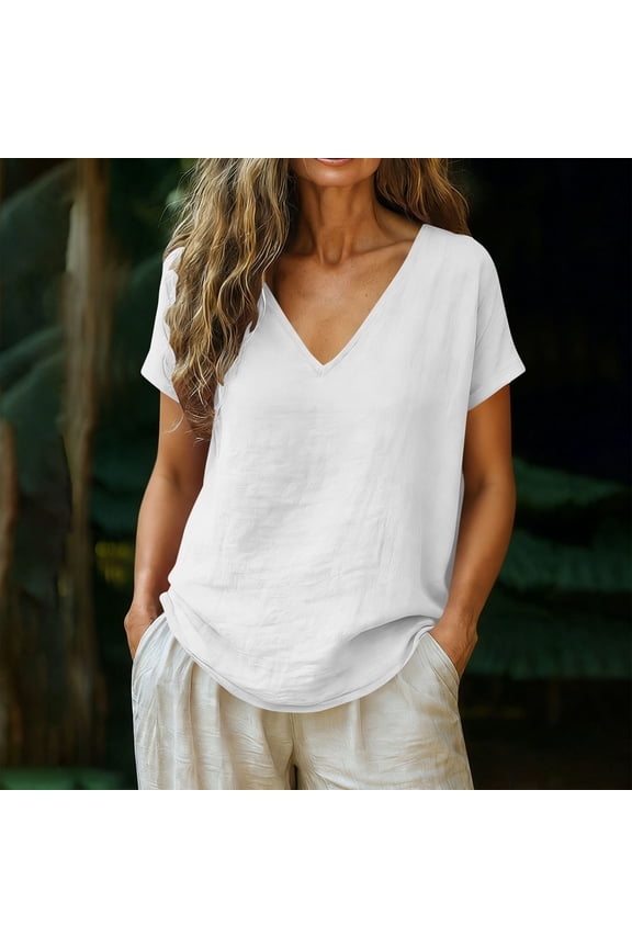 Womens Cotton Linen T Shirts Casual V Neck Short Sleeve Shirt Vacation Thin Breathable Casual Tops Summer White M