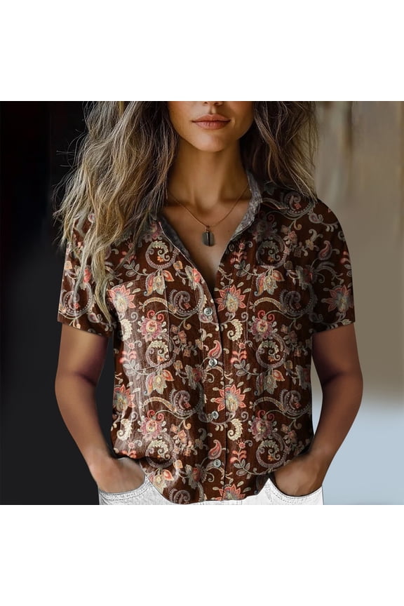 Womens Cotton Shirt Floral Printed Button Down Shirts Casual Tops Workwear Short Sleeve Blouse Business Shirt Wine
