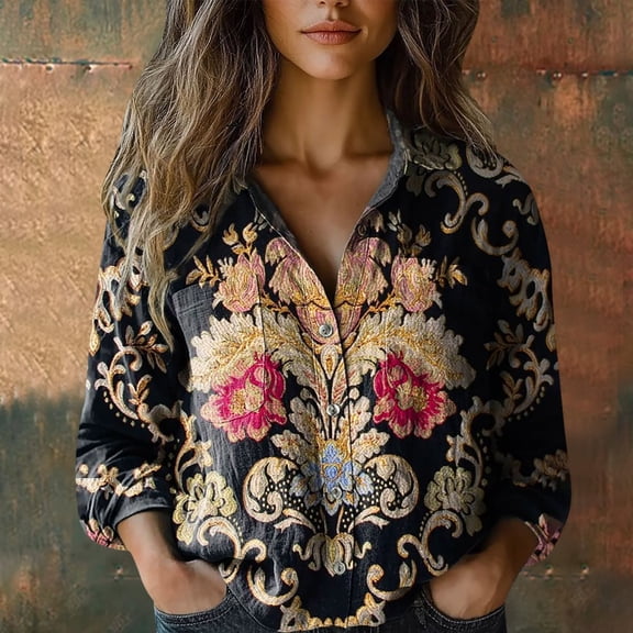 Xunmmm Womens Cotton Shirt Long Sleeve Blouse Exotic Style Printed Button Down Shirts Casual Tops Black