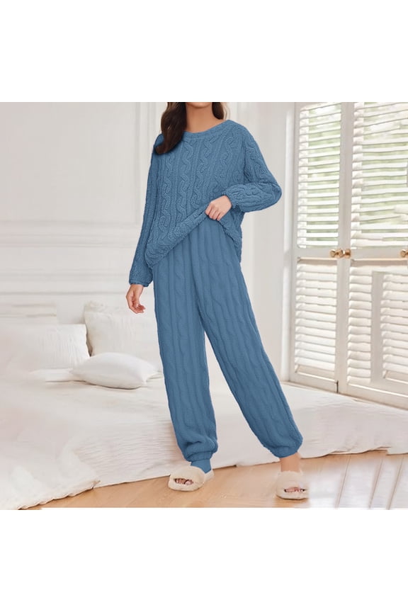 Womens Pajama Sets Fleece Pajamas Comfort Pullover Tops Sleep Pants Lounging Warm Sleepwear Loungewear Winter Women's Plus L-5XL Blue