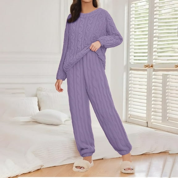 Xunmmm Womens Pajama Sets Fleece Pajamas Comfort Pullover Tops Sleep Pants Lounging Warm Sleepwear Loungewear Winter Women's Plus L-5XL Purple
