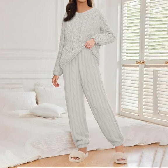 Xunmmm Womens Pajama Sets Fleece Pajamas Comfort Pullover Tops Sleep Pants Lounging Warm Sleepwear Loungewear Winter Women's Plus L-5XL White