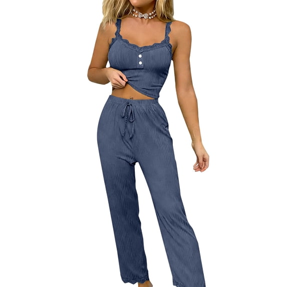 Xunmmm Womens Pajamas Set Lace Straps Tank Top and Long Pants Ribbed Loungewear Sleepwear Home Clothes