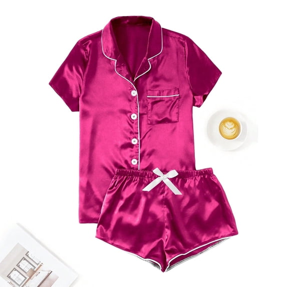 Xunmmm Womens Satin Pajamas Sets Short Sleeve Button Down Shirt and Short Set Sleepwear 2 Piece Shorts Set Loungewear