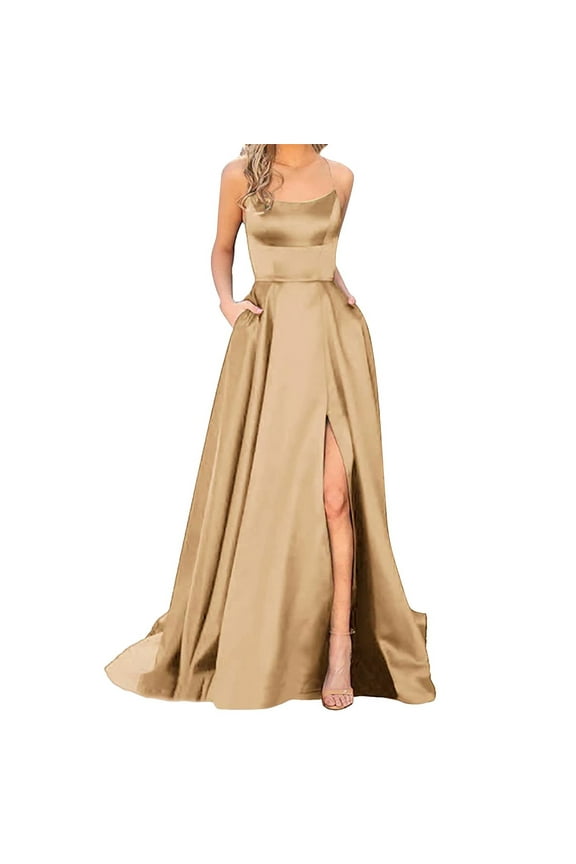 Brown Women's Formal Dress Elegant Backless Long Dresses Crisn Satin Spaghetti Party Prom Dress Side Slit Wedding Evening Party Dress With Pockets Womens Dresses Size L