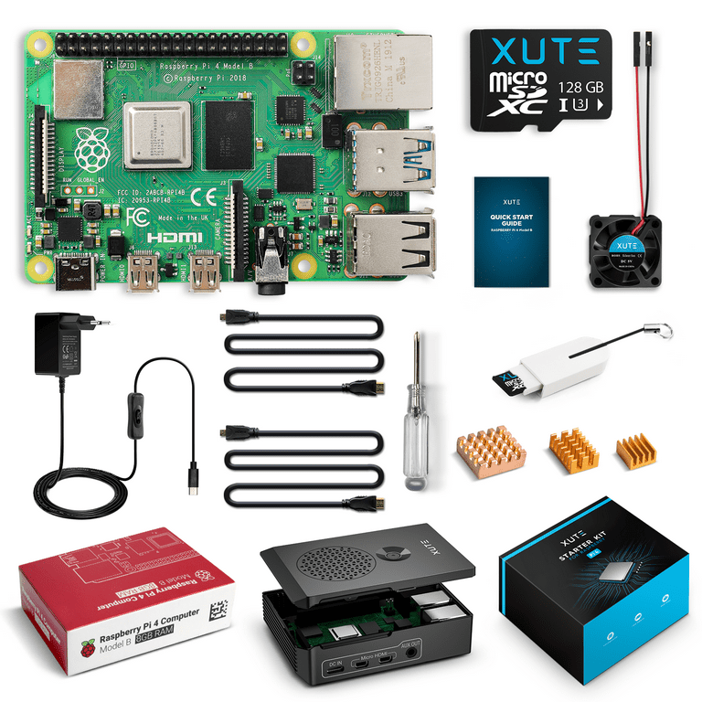 Xute Raspberry Pi 4 Model B 8GB Starter Kit, 128GB Micro SD Card, 5.1V 3A  USB-C Power Supply with Switch On/Off, PC/ABS Case, Cooling Fan, 2 Micro