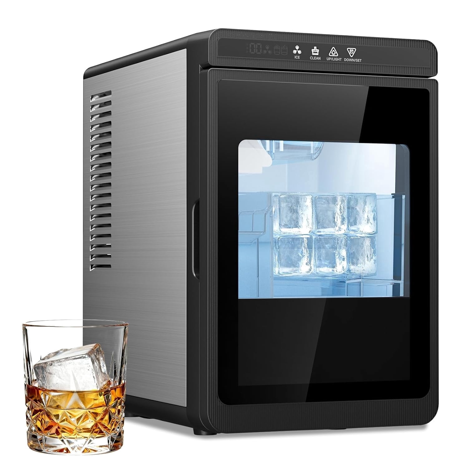 XUTUMM Countertop Crystal Clear Ice Cube Maker, Produces 1.6″ Large Square Ice for Cocktails & Whiskey, 3 Cubes in 25 Mins, 150pcs/Day, with 24H Timer, Self-Cleaning & Adjustable Ice Thickness