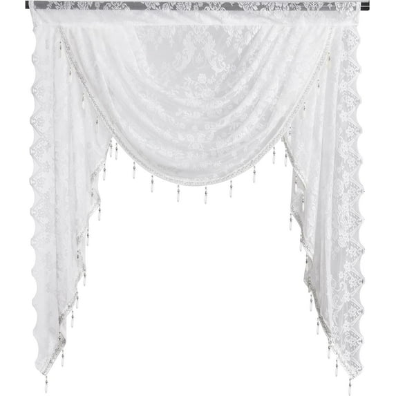 vctops Lace Beaded Waterfall Valances for Windows Floral Vintage  Sheer Kitchen Window Curtains Over Sink Curtain Valance for Living Room Bedroom Bathroom Cafe