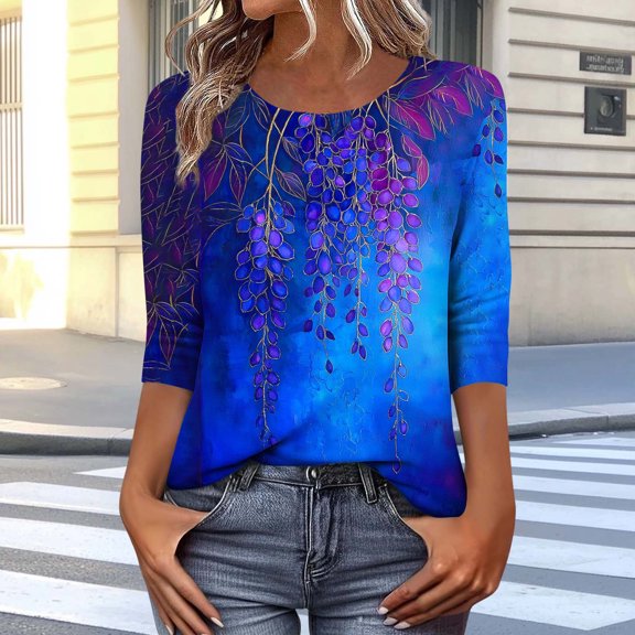 Xuyuer 3/4 Length Sleeve Womens Tops Round Neck Casual Summer Tunic Tops Basic Tees Blouses Dressy T-Shirts Pleated Shirts Blouses Spring Fashion Ethnic Graphic Crew Neck Tunic T Shirts