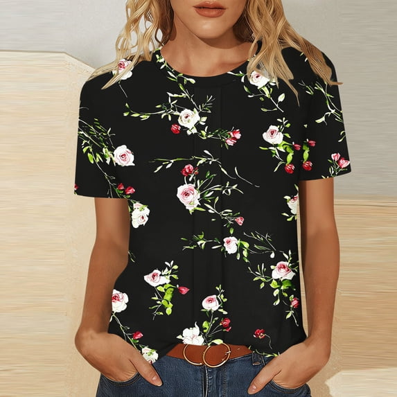 Xuyuer Blouse for Women Dressy Casual Short Short Sleeve Boho Tops Fashion Floral Crew Neck Tunic Shirts Summer Clothes Fashionable Casual Loose Round Neck T-shirt Solid Color Top