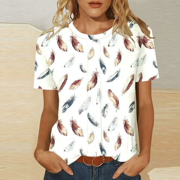 Xuyuer Blouse for Women Dressy Casual Short Short Sleeve Boho Tops Fashion Floral Crew Neck Tunic Shirts Summer Clothes Fashionable Casual Loose Round Neck T-shirt Solid Color Top