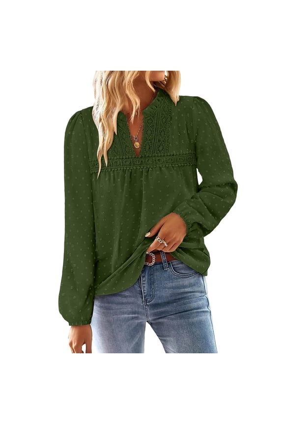 Boho Tops for Women V Neck Blouses Flowy Swiss Dot Dressy Casual Lace Womens Long Sleeve Shirts Trendy 2026
