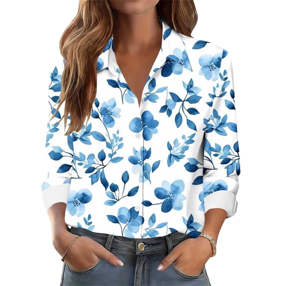 Xuyuer Button Down Shirts for Women Dressy Floral Printed Long Sleeve Blouse Business Casual Work Tops