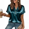 thumbnail image 1 of Xuyuer Button Down Shirts for Women Short Sleeve Office Blouse Casual Business V Neck Satin Tops Slim Fit S-XXL Womens Satin Blouse Short Sleeve Tops Button Down Shirts Business Casual Outfits, 1 of 7