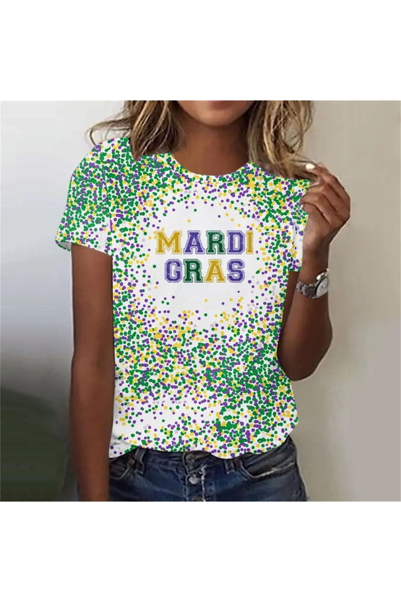 Carnival Float Printed Round Neck Tee - Women's Short Sleeve Festival Top for Parade Day Celebrations, Confetti-Themed Party Outfits, and Vibrant Street Fair Style Attire