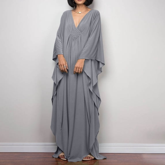 Xuyuer Dresses for Women Solid Color Plus Size Beach Dress V Neck Cover Up Loose Soft Kaftan Loungewear