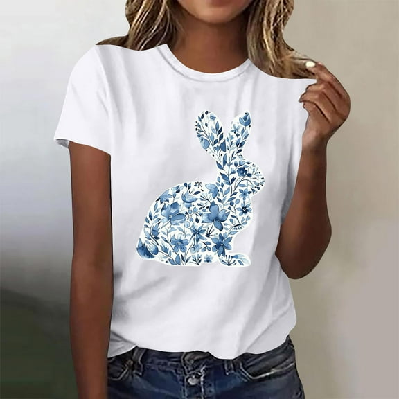 Xuyuer Easter Bunny Shirt for Women Cute Rabbit Graphic T Shirt Funny Short Sleeve Happy Easter Tee Tops Women's Round Neck Short Sleeve Easter Casual T-shirt
