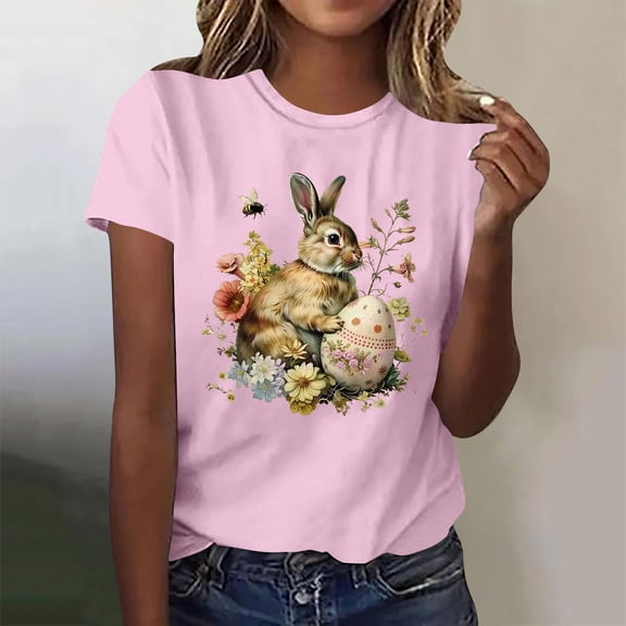 Xuyuer Easter Bunny Shirt for Women Cute Rabbit Graphic T Shirt Funny Short Sleeve Happy Easter Tee Tops Women's Round Neck Short Sleeve Easter Casual T-shirt