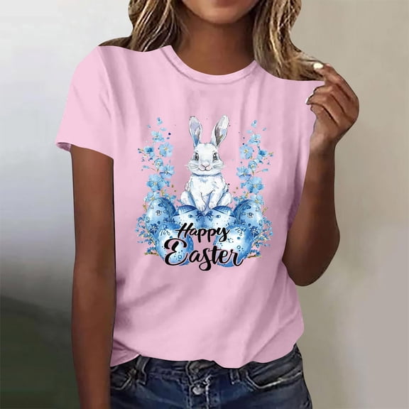 Xuyuer Easter Bunny Shirt for Women Cute Rabbit Graphic T Shirt Funny Short Sleeve Happy Easter Tee Tops Women's Round Neck Short Sleeve Easter Casual T-shirt