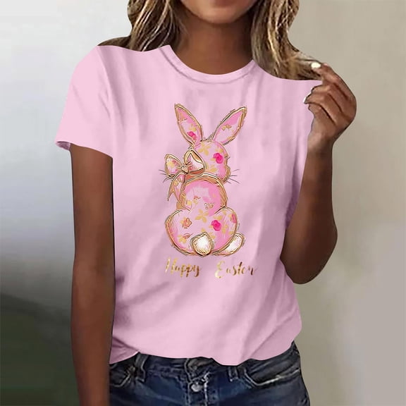 Xuyuer Easter Bunny Shirt for Women Cute Rabbit Graphic T Shirt Funny Short Sleeve Happy Easter Tee Tops Women's Round Neck Short Sleeve Easter Casual T-shirt