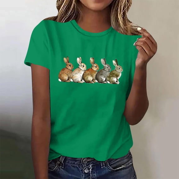 Xuyuer Easter Bunny Shirt for Women Cute Rabbit Graphic T Shirt Funny Short Sleeve Happy Easter Tee Tops Women's Round Neck Short Sleeve Easter Casual T-shirt