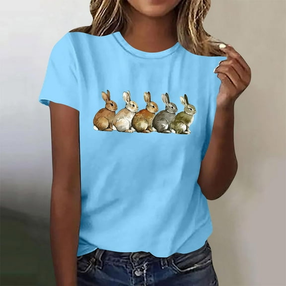 Xuyuer Easter Bunny Shirt for Women Cute Rabbit Graphic T Shirt Funny Short Sleeve Happy Easter Tee Tops Women's Round Neck Short Sleeve Easter Casual T-shirt