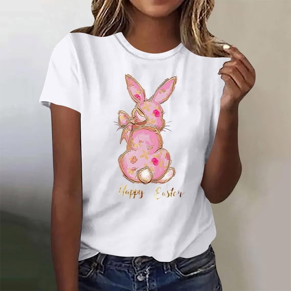 Xuyuer Easter Bunny Shirt for Women Cute Rabbit Graphic T Shirt Funny Short Sleeve Happy Easter Tee Tops Women's Round Neck Short Sleeve Easter Casual T-shirt