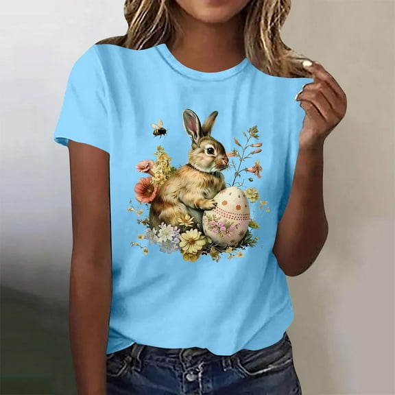 Xuyuer Easter Bunny Shirt for Women Cute Rabbit Graphic T Shirt Funny Short Sleeve Happy Easter Tee Tops Women's Round Neck Short Sleeve Easter Casual T-shirt