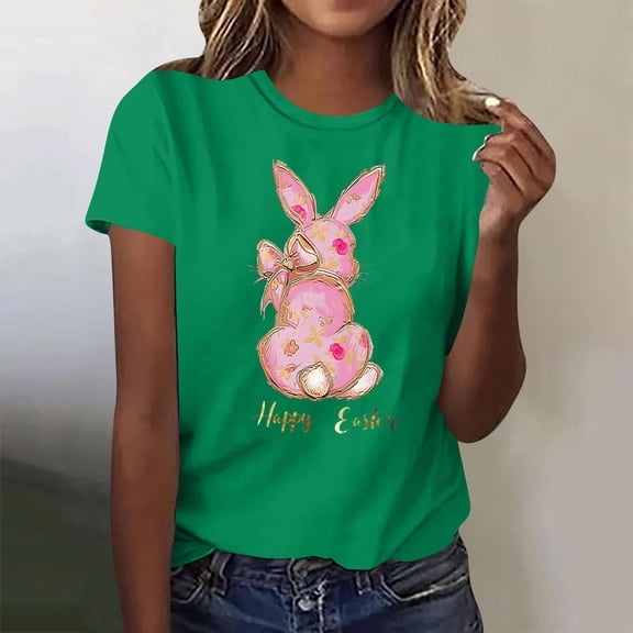 Xuyuer Easter Bunny Shirt for Women Cute Rabbit Graphic T Shirt Funny Short Sleeve Happy Easter Tee Tops Women's Round Neck Short Sleeve Easter Casual T-shirt