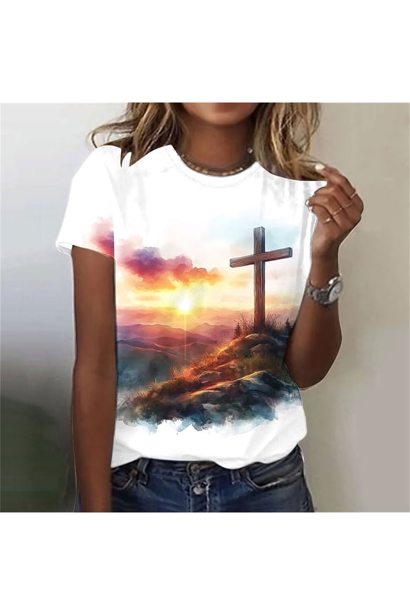Easter Shirts for Women Round Neck Short Sleeve Easter Casual T-shirt Cross Print Graphic Tops Christian T-Shirt Causal Jesus Christian Graphic Short Sleeve T-Shirt
