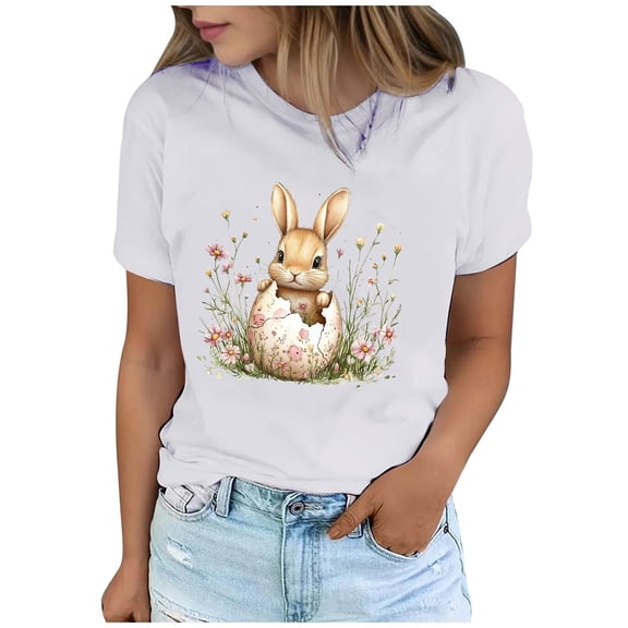 Xuyuer Easter Shirts for Women Rabbit Bunny Women's Lover Printed T-shirt Round Neck Short Sleeved Happy Easter Day Graphic Short Sleeve Tee Tops