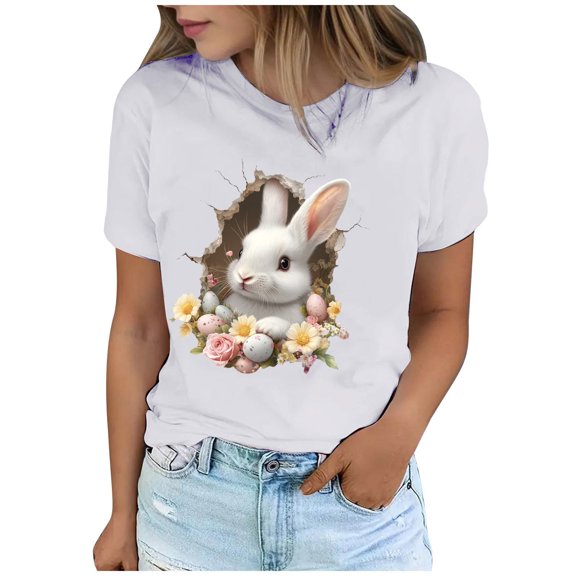 Xuyuer Easter Shirts for Women Rabbit Bunny Women's Lover Printed T-shirt Round Neck Short Sleeved Happy Easter Day Graphic Short Sleeve Tee Tops
