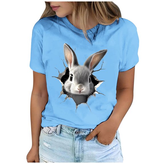 Xuyuer Easter Shirts for Women Rabbit Bunny Women's Lover Printed T-shirt Round Neck Short Sleeved Happy Easter Day Graphic Short Sleeve Tee Tops