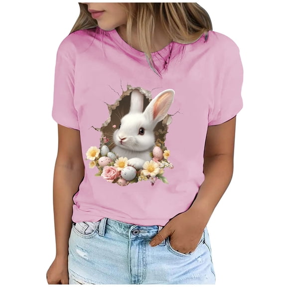 Xuyuer Easter Shirts for Women Rabbit Bunny Women's Lover Printed T-shirt Round Neck Short Sleeved Happy Easter Day Graphic Short Sleeve Tee Tops