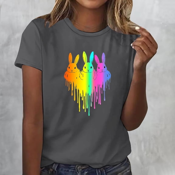 Xuyuer Easter Tshirt Women Tie Dye Happy Easter Tie Dye Shirts Funny Bunny T-Shirt Rabbit Graphic Short Sleeve Tee Tops Short Sleeved Round Neck Pullover Fashionable