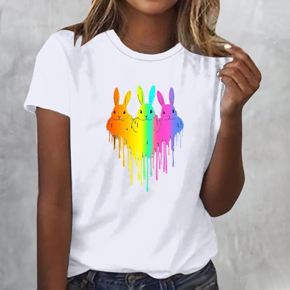 Xuyuer Easter Tshirt Women Tie Dye Happy Easter Tie Dye Shirts Funny Bunny T-Shirt Rabbit Graphic Short Sleeve Tee Tops Short Sleeved Round Neck Pullover Fashionable