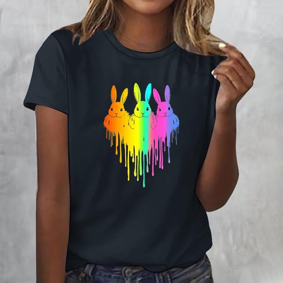 Xuyuer Easter Tshirt Women Tie Dye Happy Easter Tie Dye Shirts Funny Bunny T-Shirt Rabbit Graphic Short Sleeve Tee Tops Short Sleeved Round Neck Pullover Fashionable