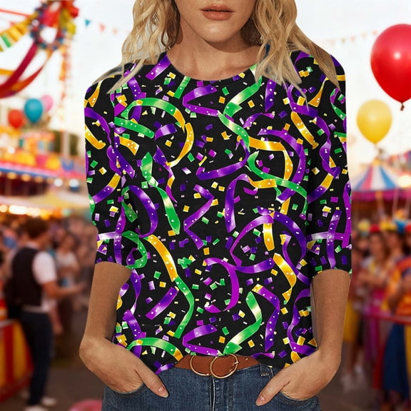 Xuyuer Carnival 2025 Womens 3/4 Sleeve Tops Mardi Gras and Costumes Fashion Round Neck Printed Blouse