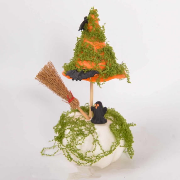 Xuyuer Halloween Witch Hat and Pumpkin Decor, 7 Inch Mini Fake Pumpkin Ornament for Dining Table Cabinet Holiday Party Display