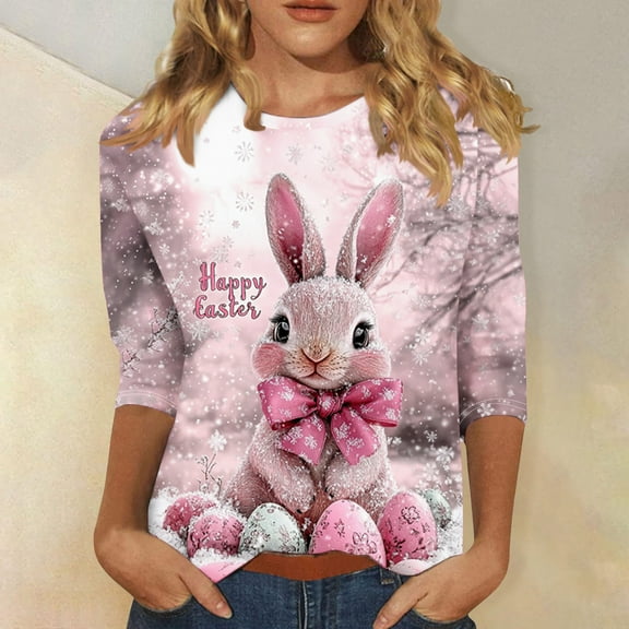 Xuyuer Happy Easter Family Matching Shirt Women Easter Sunday T-Shirt Leisure Print Round Neck Three Quarter Sleeve 3/4 Sleeve T-shirt Loose Cute Tie Dye Bunny Graphic Tee