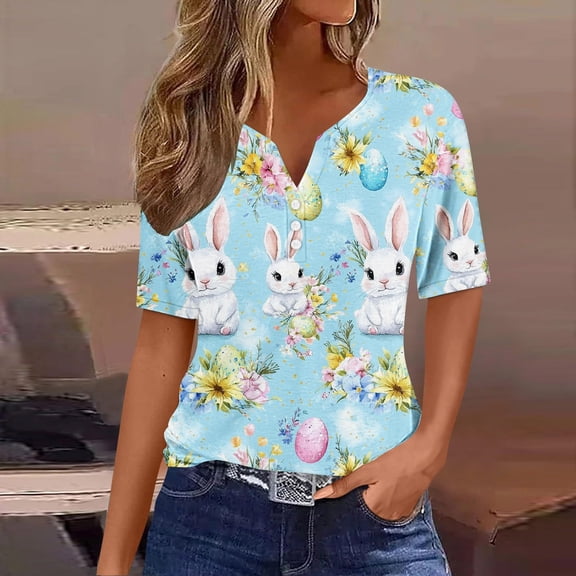 Xuyuer Happy Easter V Neck Shirts for Women Casual Gradient Short-Sleeved V-Neck Blouse Cute Easter Bunny Rabbit Eggs Graphic T-Shirt Holiday Christian Shirt Tops