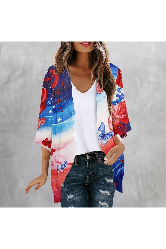Independence Day Women’s Long Sleeve Printed Cardigan Open Front Summer Casual Tops with Patriotic Floral Pattern Lightweight for Outdoor Daily Wear