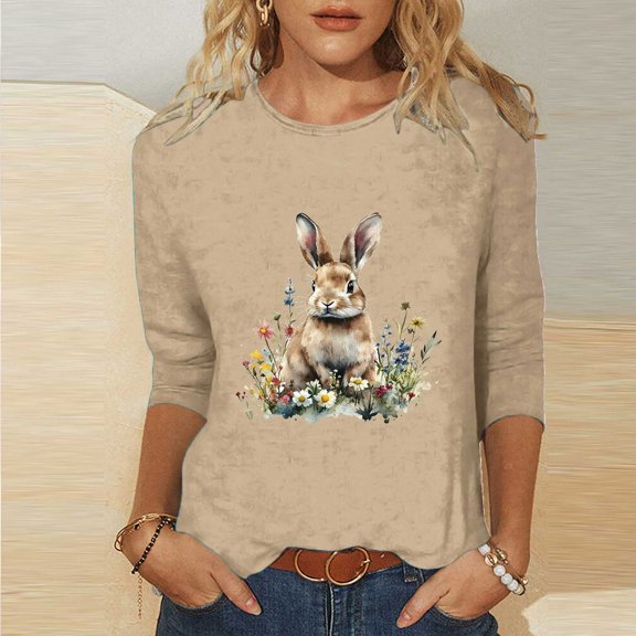 Xuyuer Ladies' Easter Print Round Neck Three Quarter Sleeve 3/4 Sleeve T-shirt Loose Tops Casual Loose Fit Crewneck T Shirts Tunic Tops