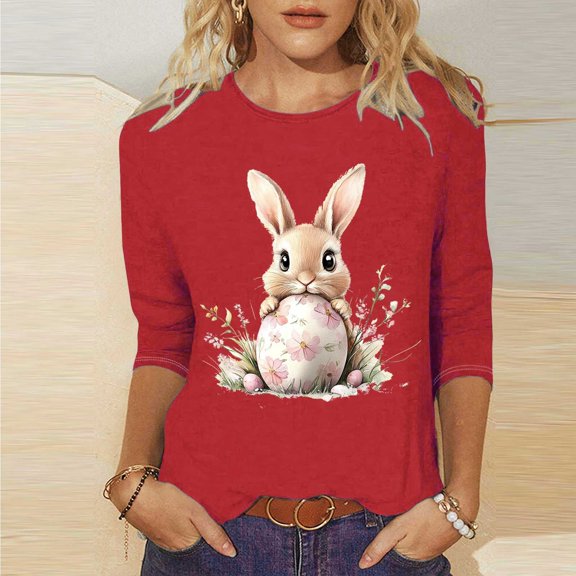 Xuyuer Ladies' Easter Print Round Neck Three Quarter Sleeve 3/4 Sleeve T-shirt Loose Tops Casual Loose Fit Crewneck T Shirts Tunic Tops