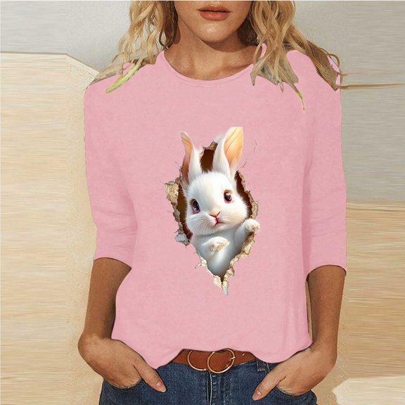 Xuyuer Ladies' Easter Print Round Neck Three Quarter Sleeve 3/4 Sleeve T-shirt Loose Tops Casual Loose Fit Crewneck T Shirts Tunic Tops