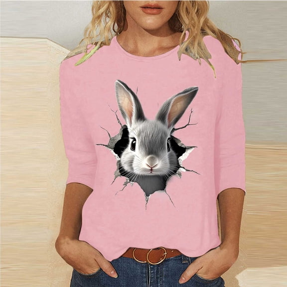 Xuyuer Ladies' Easter Print Round Neck Three Quarter Sleeve 3/4 Sleeve T-shirt Loose Tops Casual Loose Fit Crewneck T Shirts Tunic Tops