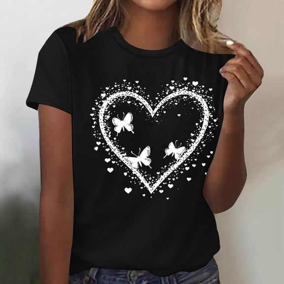 Xuyuer Ladies' Fashion Casual Lover Printed Round Neck Short Sleeved Shirt