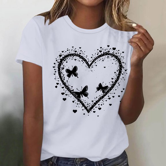 Xuyuer Ladies' Fashion Casual Lover Printed Round Neck Short Sleeved Shirt