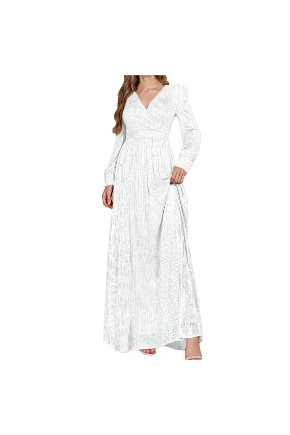 Ladies Long Sleeve V-Neck Sequin Evening Solid Fashion Dress Glitter Mermaid Long Gown for Mother of The Bride Or Wedding Guest